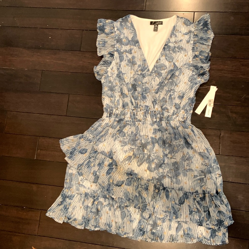 Aqua, size large, floral and polka dot mini dress.